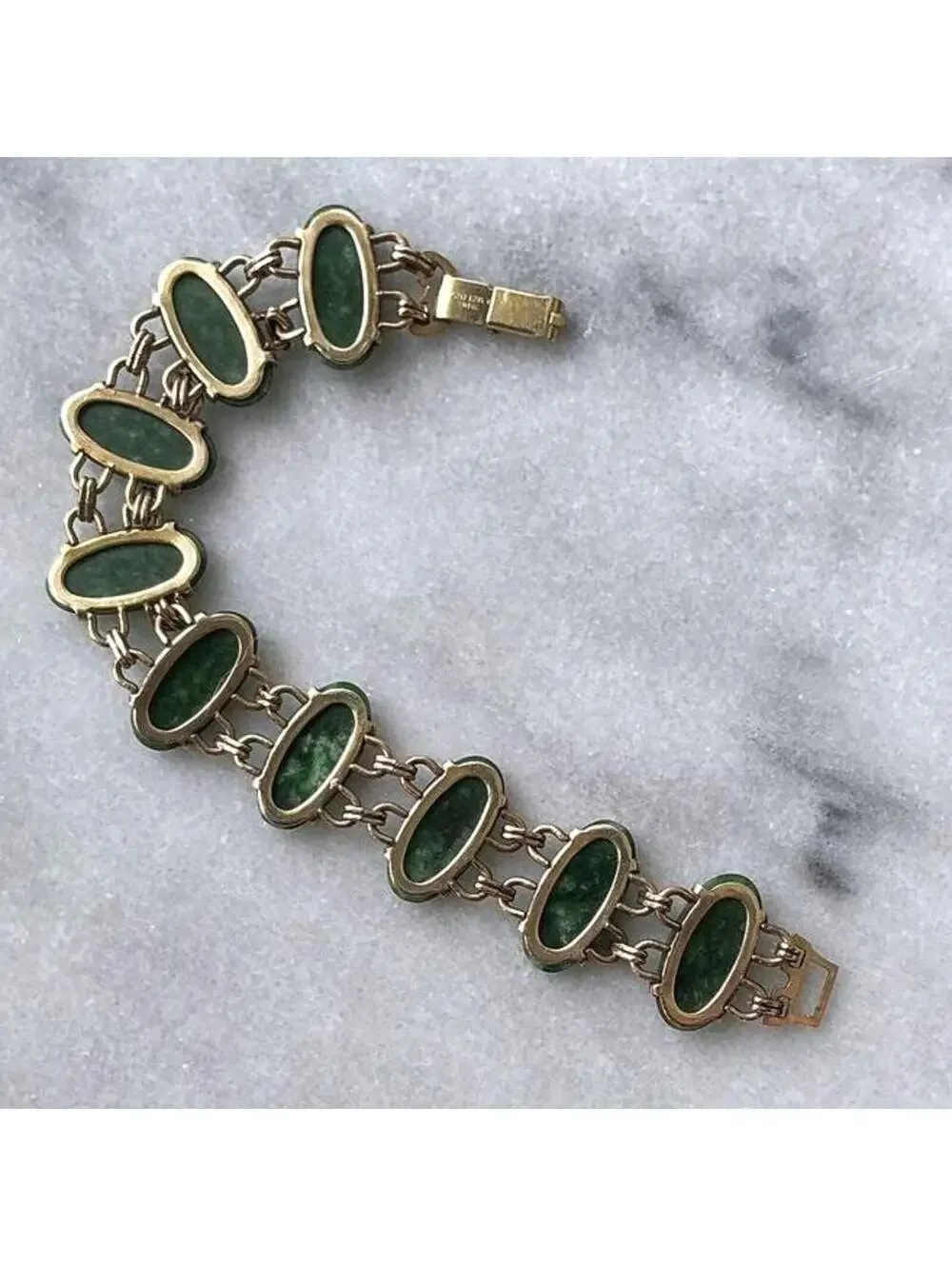 Vintage Nephrite Jade Cabochon Link 12K Gold Filled WRE Bracelet